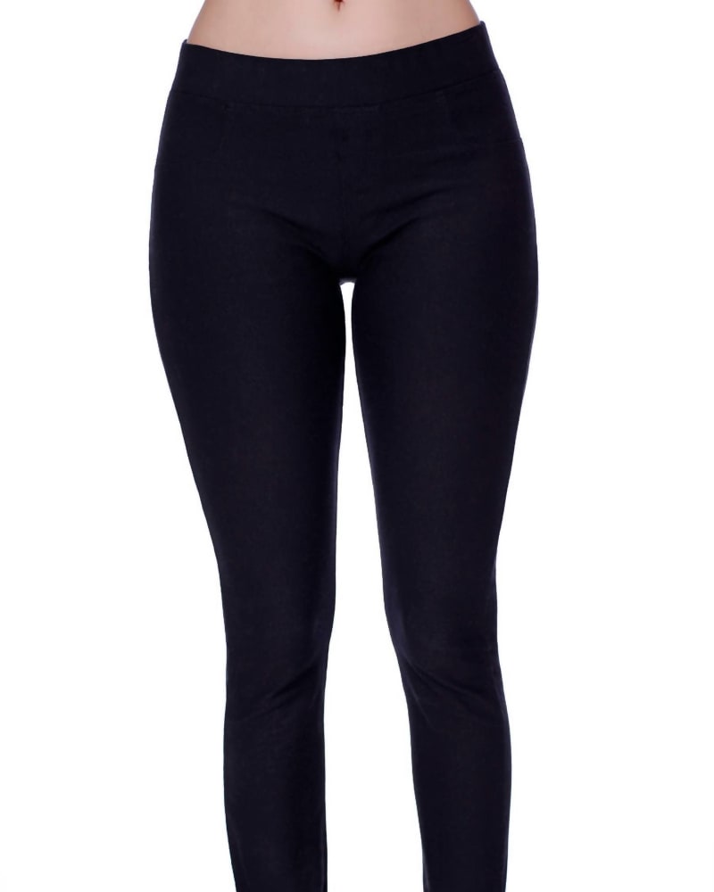 Front of a model wearing a size LG High Waisted Leggings In Black in Black by french kyss. | dia_product_style_image_id:360235
